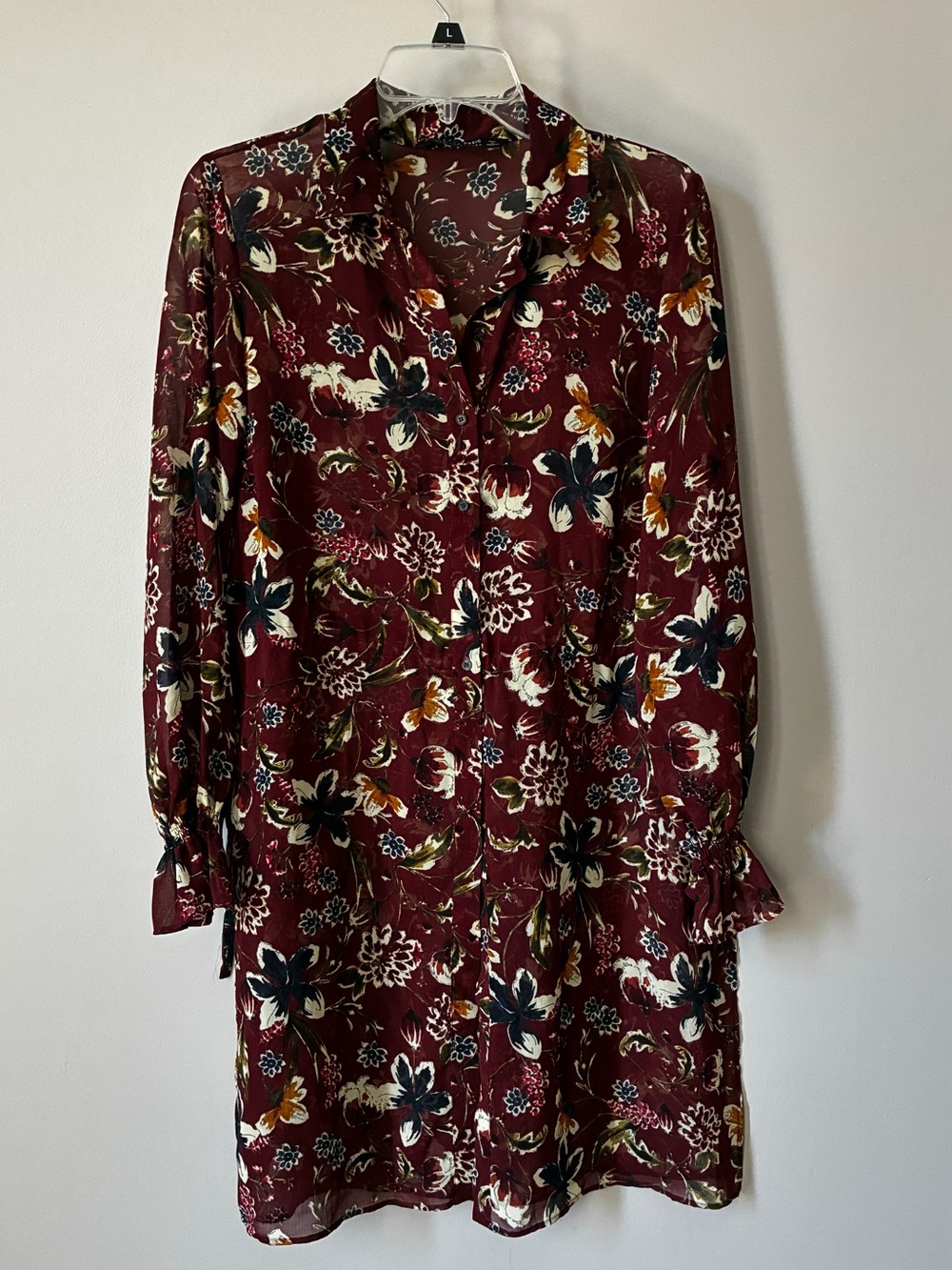 Zara Basic Burgundy Floral Print Ruffle Sleeve Tunic Mini Dress M